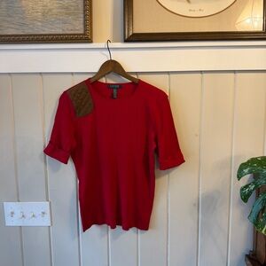 Women’s Lauren Ralph Lauren Red Top w/ Suede Accent, 100% Cotton, Size Large
